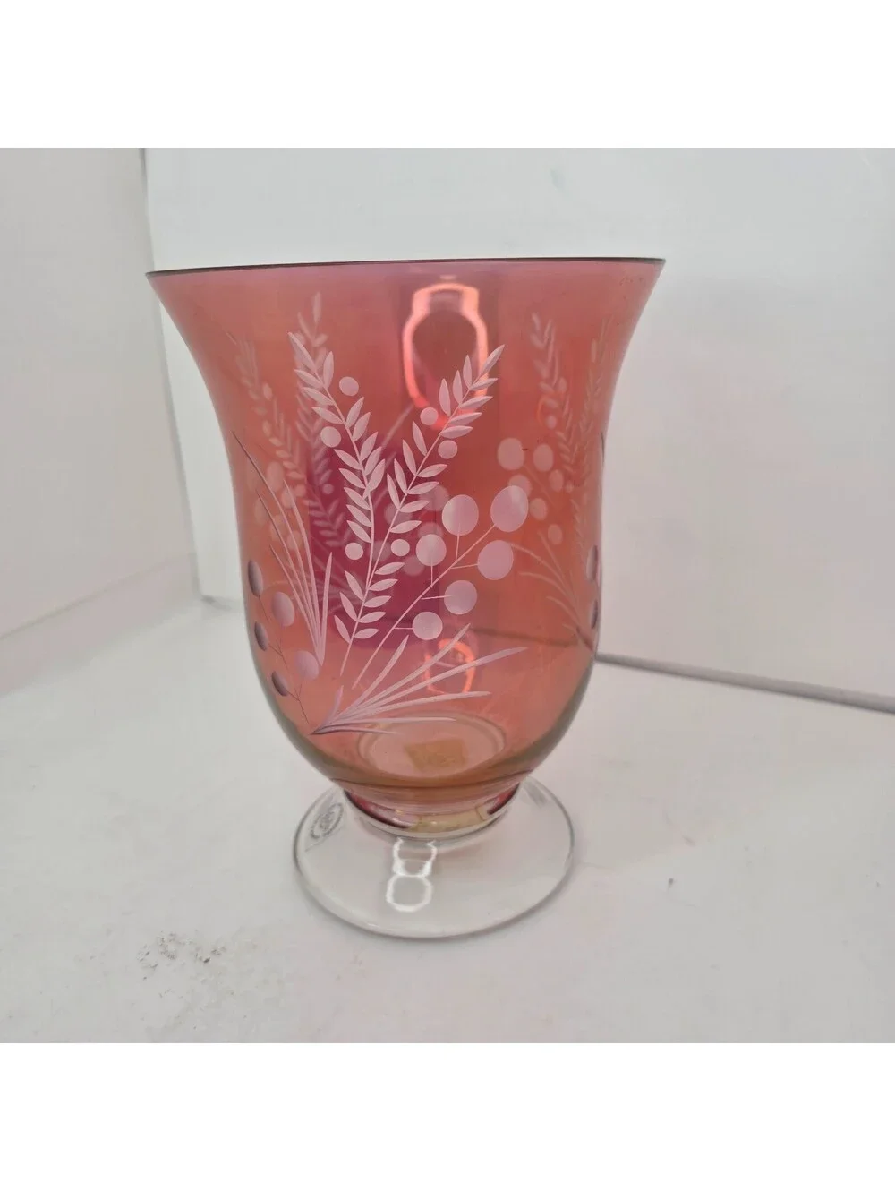 Vintage Lenox Etchings Pink Cranberry Crystal Hurricane Vase Candle Holder 9''